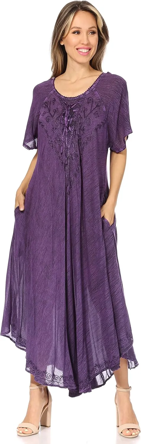 Sakkas Lilia Embroidered Lace Up Bodice Relaxed Fit Maxi Sun Dress