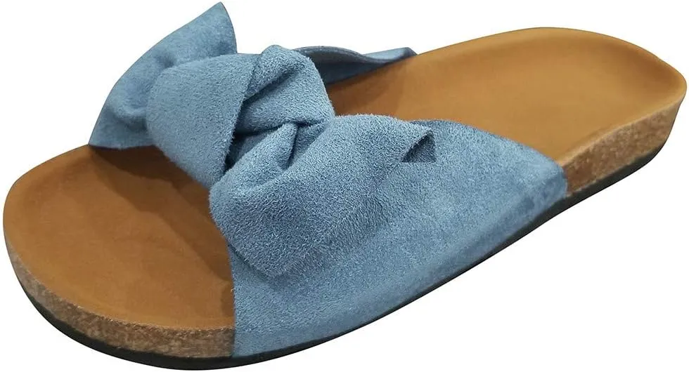 Sandals for Women Flat,Slide Sandals for Women Cork Sole Canvas Summer Cute Knot Bow Ladies Slides Sandals for Women