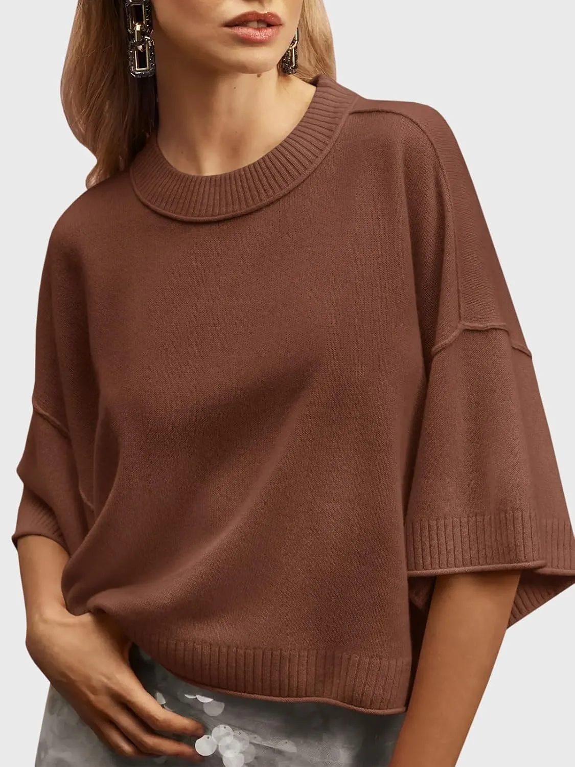 Saodimallsu Womens Short Sleeve Sweater Summer Oversized Cropped Sweaters Casual Crewneck Lightweight Knit Tops