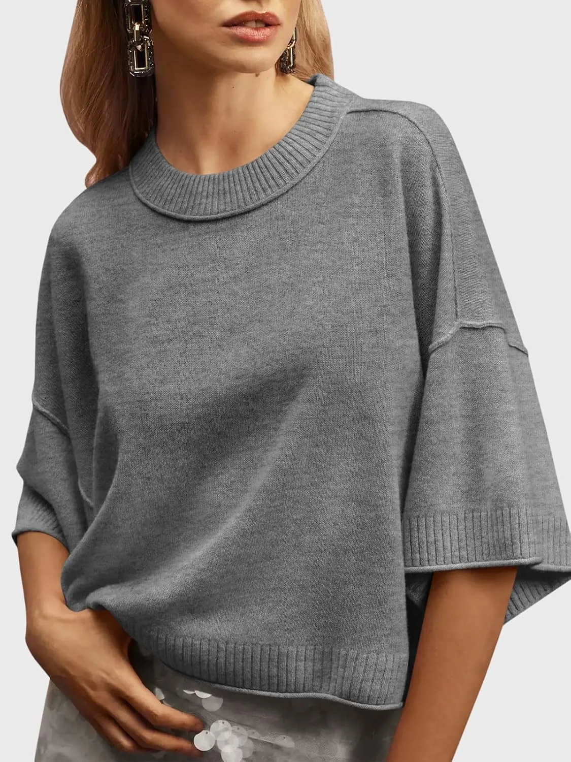 Saodimallsu Womens Short Sleeve Sweater Summer Oversized Cropped Sweaters Casual Crewneck Lightweight Knit Tops
