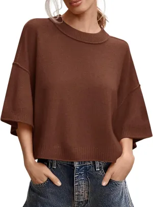 Saodimallsu Womens Short Sleeve Sweater Summer Oversized Cropped Sweaters Casual Crewneck Lightweight Knit Tops