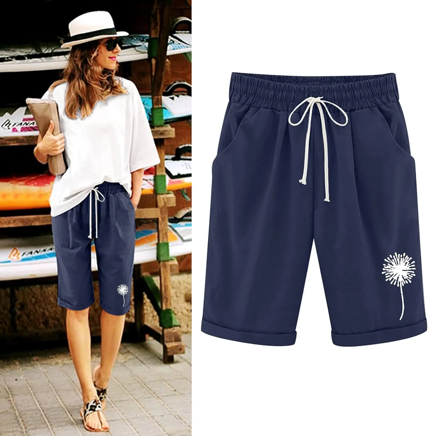 sdbrld Bermuda Shorts for Women,Womens Bermuda Shorts Trendy Knee-Length Bermuda Lounge Shorts with Elastic Waist Drawstring