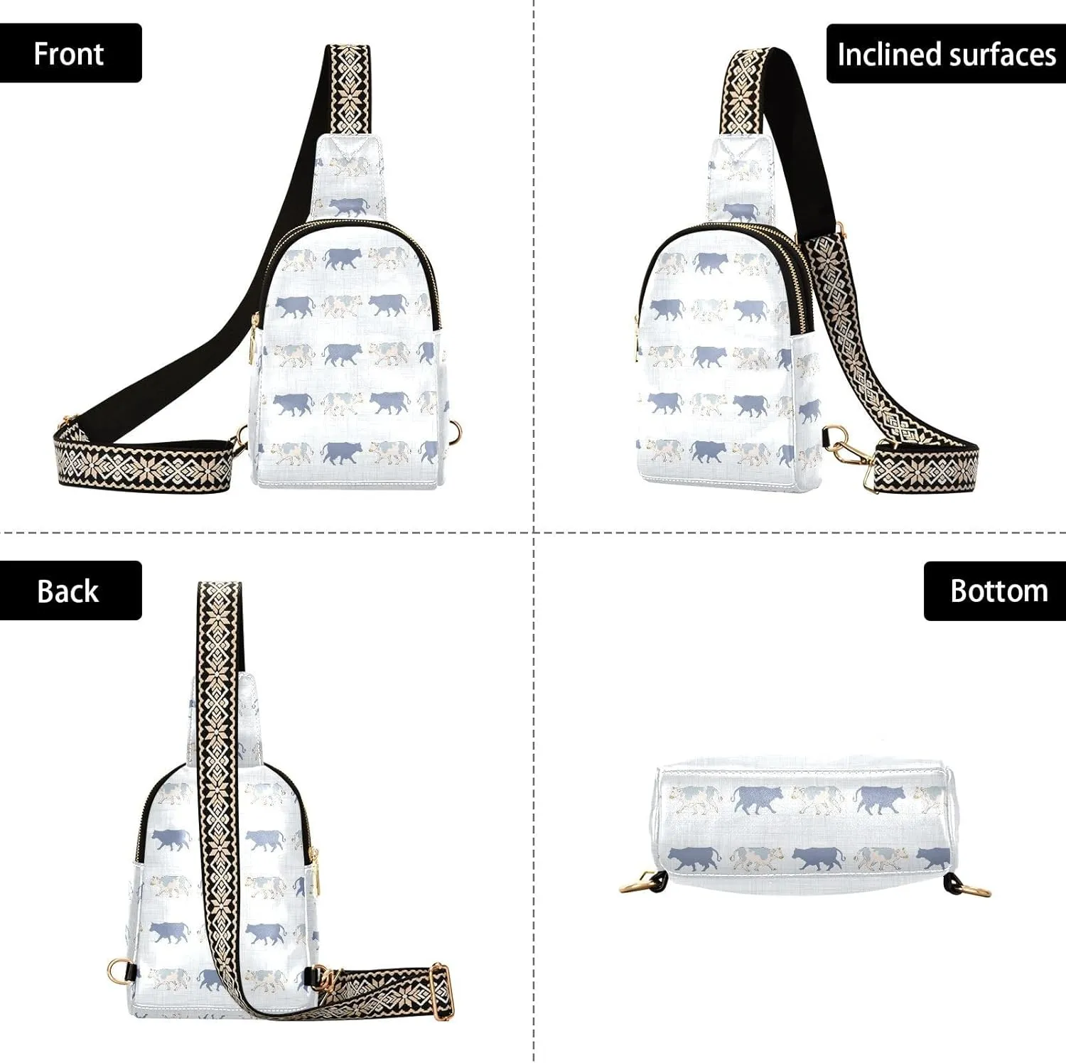 Seamless French Farmhouse Cow Silhouette Pattern Trendy Crossbody Bag Fashion Waist Packs Cross Body Leather Chest Bag for Women Fanny Pack Travel Outdoor Crossbody Sling Bag