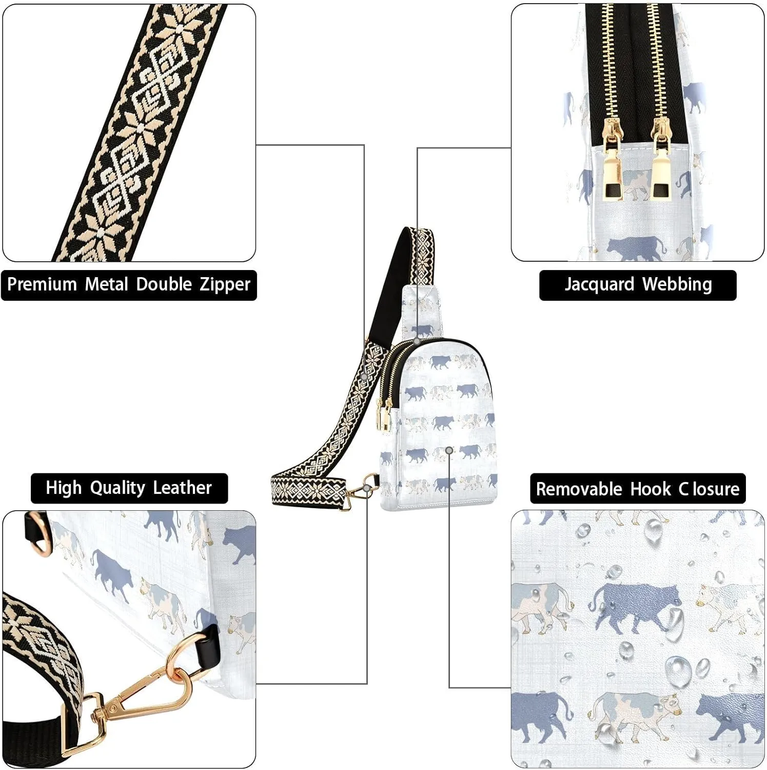 Seamless French Farmhouse Cow Silhouette Pattern Trendy Crossbody Bag Fashion Waist Packs Cross Body Leather Chest Bag for Women Fanny Pack Travel Outdoor Crossbody Sling Bag