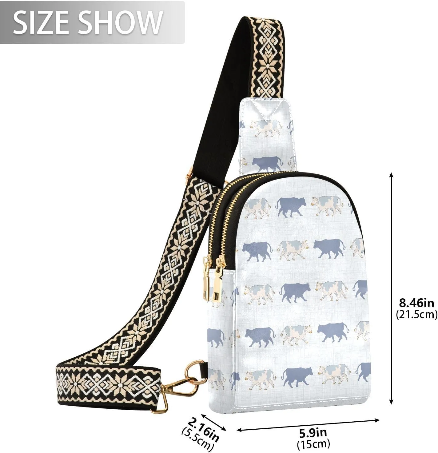 Seamless French Farmhouse Cow Silhouette Pattern Trendy Crossbody Bag Fashion Waist Packs Cross Body Leather Chest Bag for Women Fanny Pack Travel Outdoor Crossbody Sling Bag