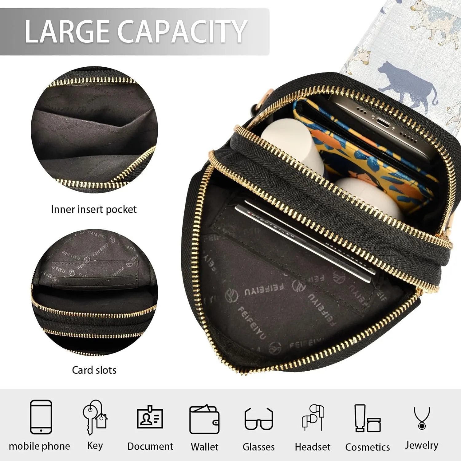 Seamless French Farmhouse Cow Silhouette Pattern Trendy Crossbody Bag Fashion Waist Packs Cross Body Leather Chest Bag for Women Fanny Pack Travel Outdoor Crossbody Sling Bag