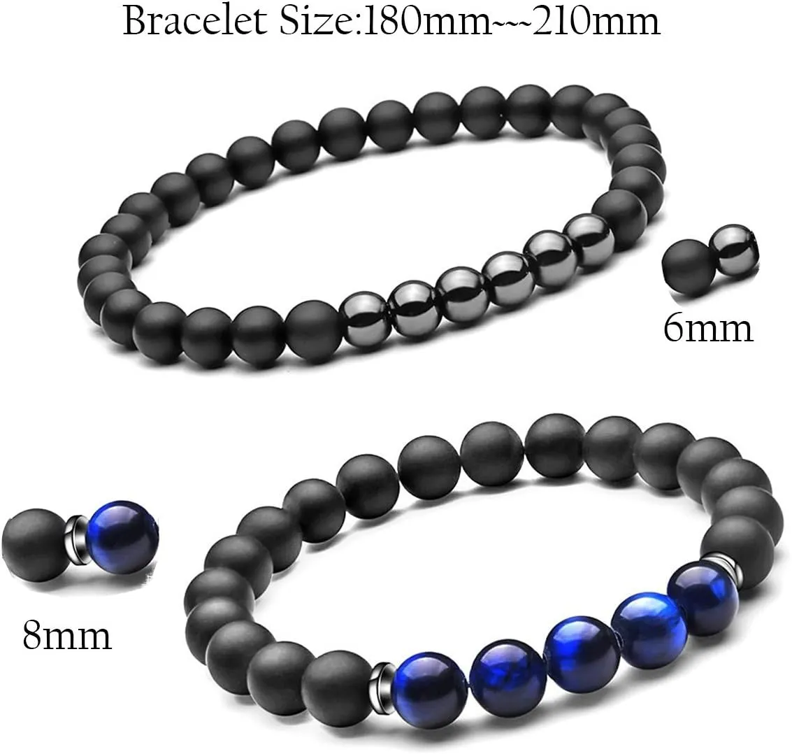 SEVENSTONE 2PCS Black Matte Onyx Prayer Beads Bracelet for Men Women Elastic Natural Stone