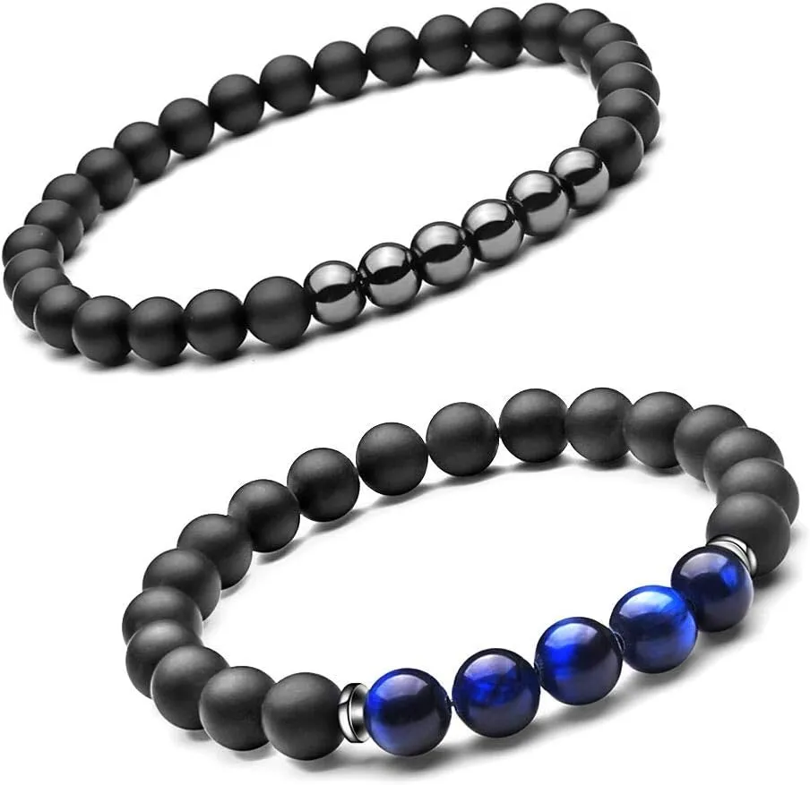 SEVENSTONE 2PCS Black Matte Onyx Prayer Beads Bracelet for Men Women Elastic Natural Stone