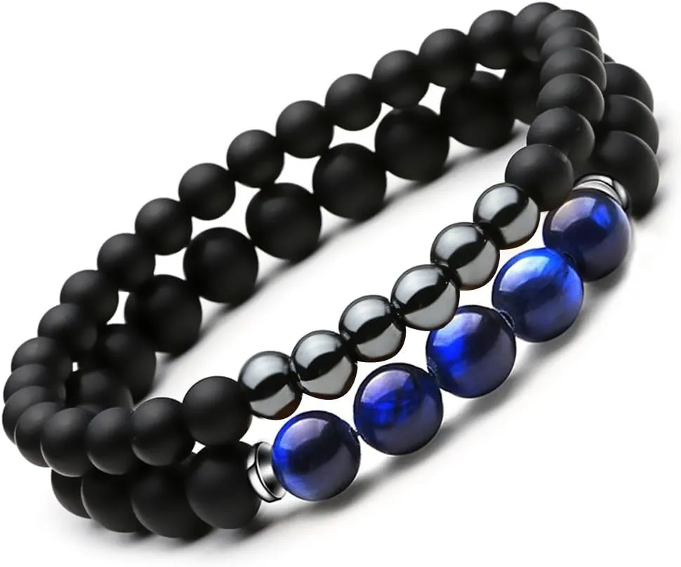 SEVENSTONE 2PCS Black Matte Onyx Prayer Beads Bracelet for Men Women Elastic Natural Stone
