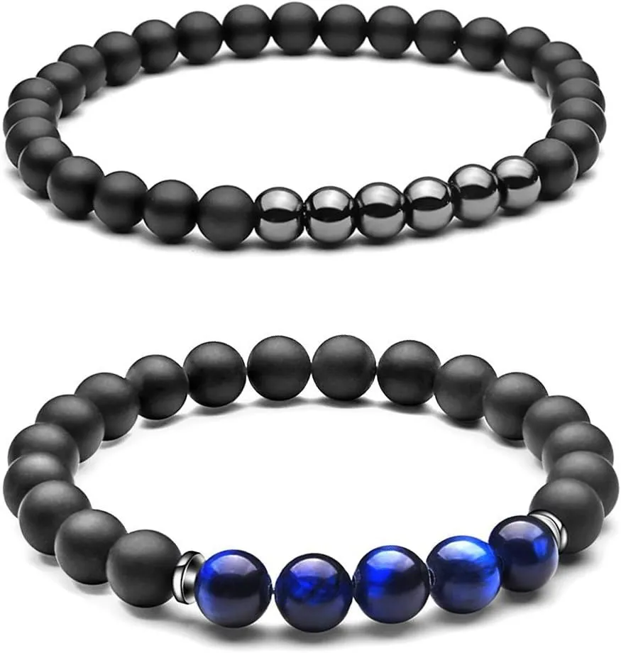 SEVENSTONE 2PCS Black Matte Onyx Prayer Beads Bracelet for Men Women Elastic Natural Stone