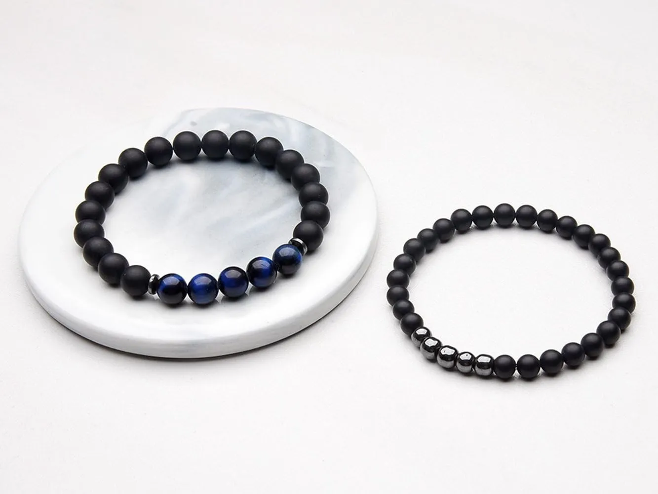 SEVENSTONE 2PCS Black Matte Onyx Prayer Beads Bracelet for Men Women Elastic Natural Stone