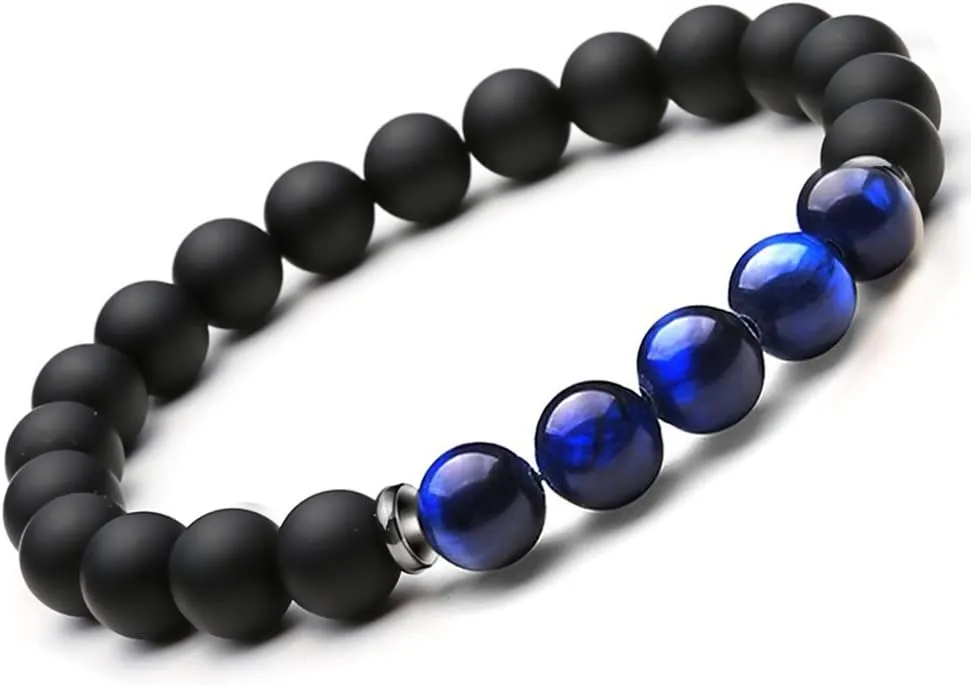 SEVENSTONE 2PCS Black Matte Onyx Prayer Beads Bracelet for Men Women Elastic Natural Stone