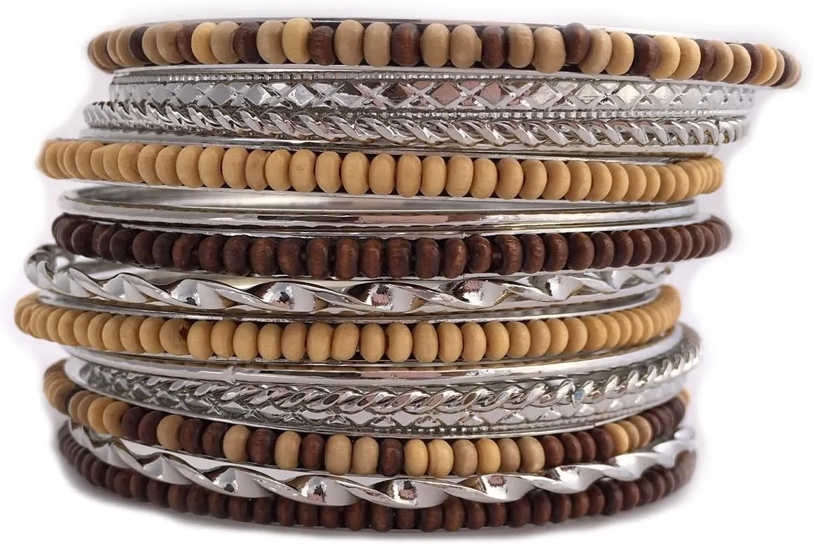 Shop One Twenty Silver Bohemian Beaded Stacking Bangle Bracelets