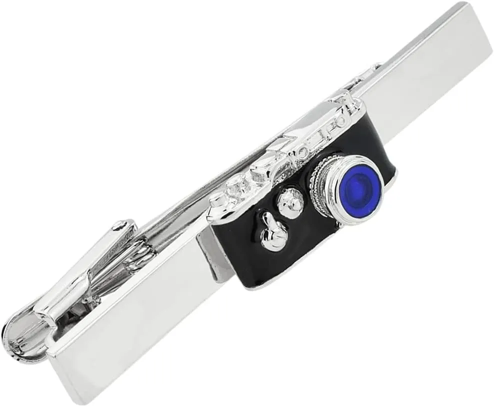 Silver Black Blue Camera Tie Clip