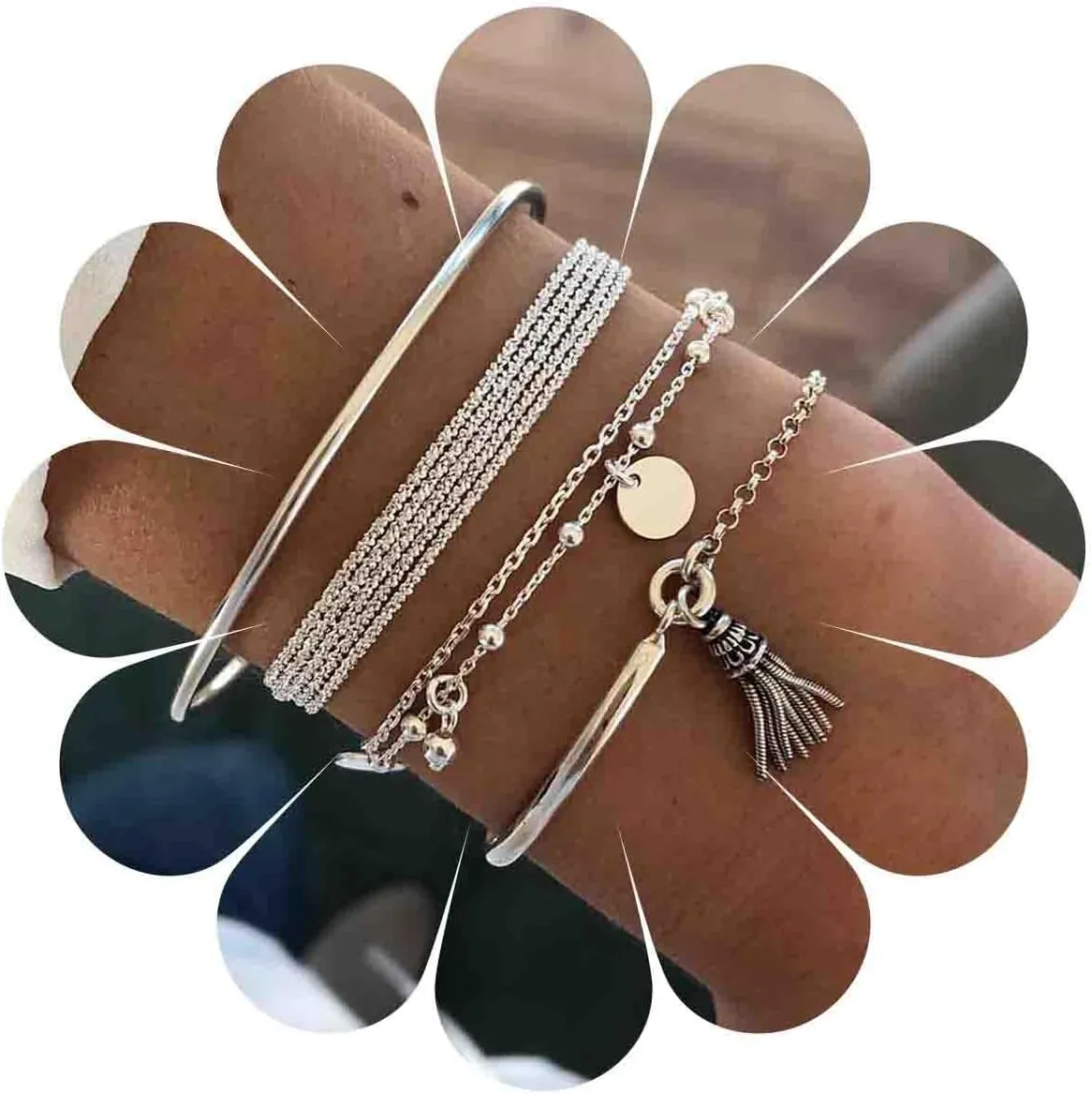 Silver Bracelet Set Boho Layered Tassel Pendant Bracelet Vintage Disc Pendant Stacked Bracelet Multilayer Beaded Chain Bracelet Bangle Jewelry for Women and Girls Gift Gifts