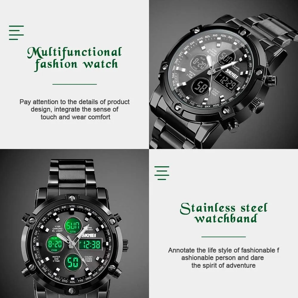 SKMEI Mens Wrist Watch, Waterproof Military Analog Digital Watches with LED Multi Time Chronograph, Stainless Steel Business Watches for Men