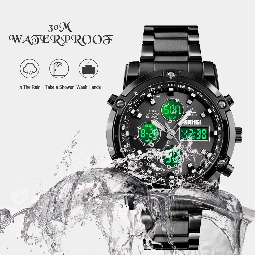 SKMEI Mens Wrist Watch, Waterproof Military Analog Digital Watches with LED Multi Time Chronograph, Stainless Steel Business Watches for Men