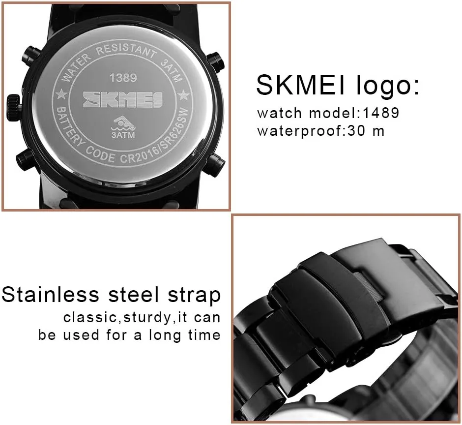 SKMEI Mens Wrist Watch, Waterproof Military Analog Digital Watches with LED Multi Time Chronograph, Stainless Steel Business Watches for Men
