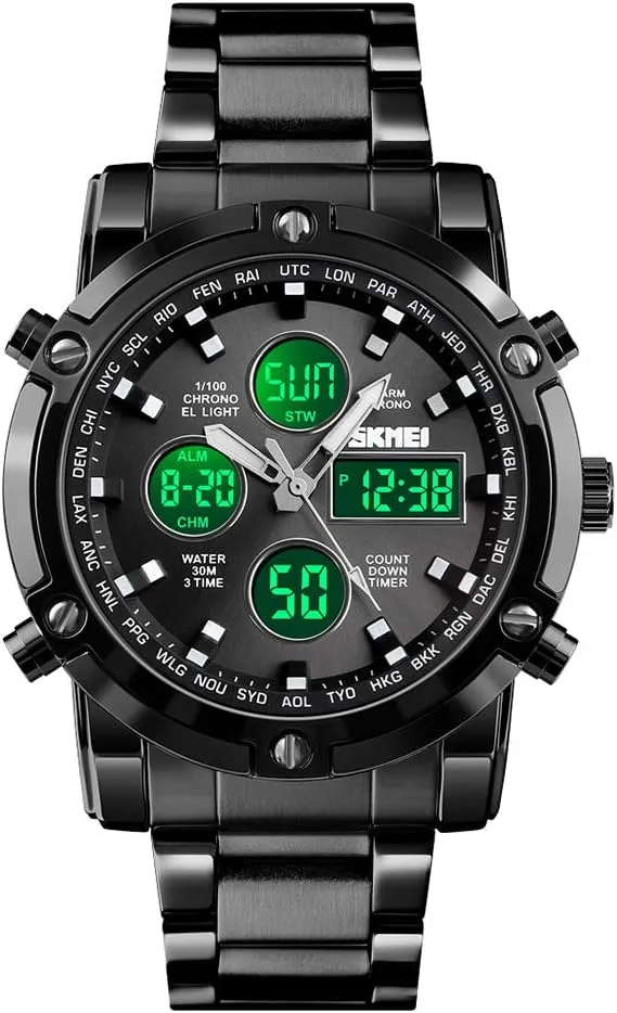 SKMEI Mens Wrist Watch, Waterproof Military Analog Digital Watches with LED Multi Time Chronograph, Stainless Steel Business Watches for Men