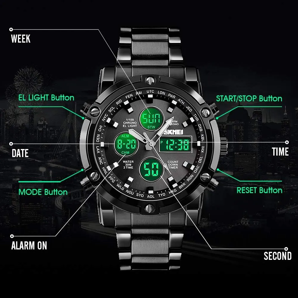 SKMEI Mens Wrist Watch, Waterproof Military Analog Digital Watches with LED Multi Time Chronograph, Stainless Steel Business Watches for Men