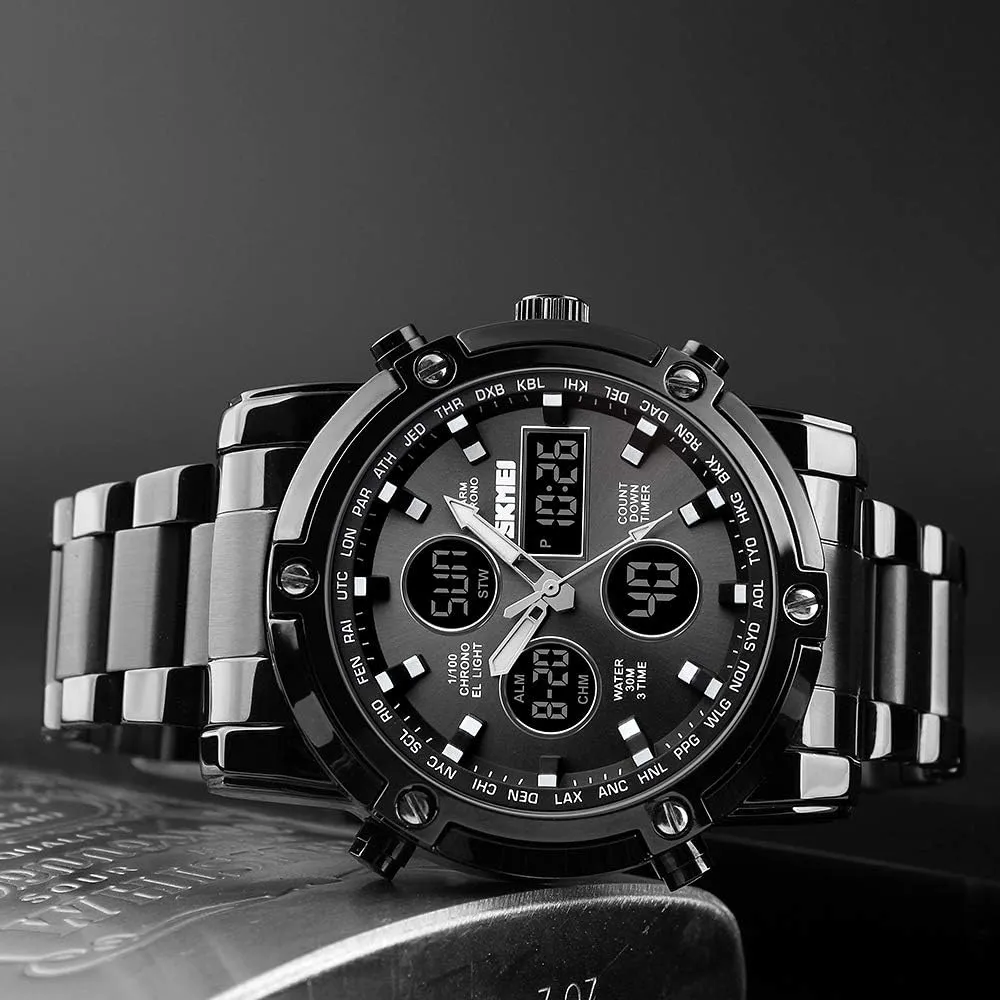 SKMEI Mens Wrist Watch, Waterproof Military Analog Digital Watches with LED Multi Time Chronograph, Stainless Steel Business Watches for Men