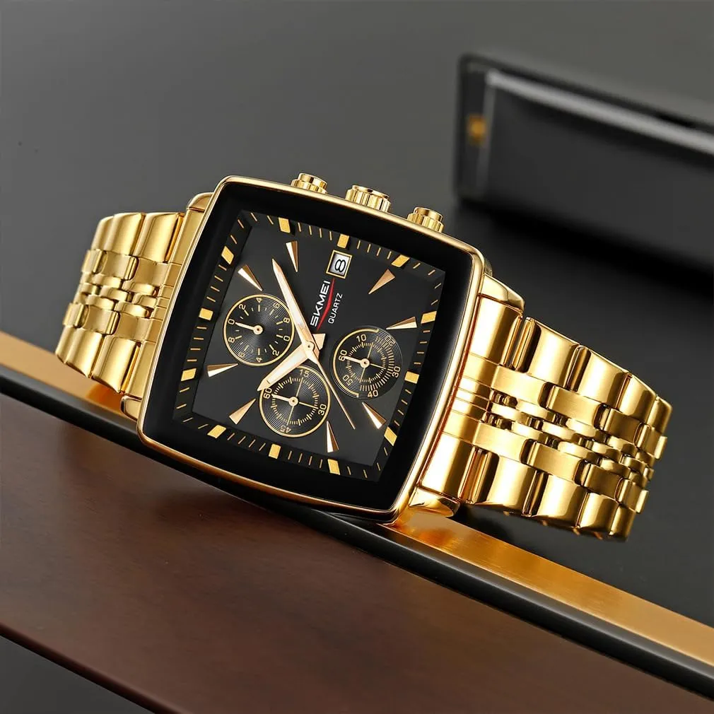 SKMEI Square Watch for Men Business Stainless Dress Fashion Waterproof Luxury Analog Simple Large Big Face Fathers Dad Gifts Gold Black Wrist Watches