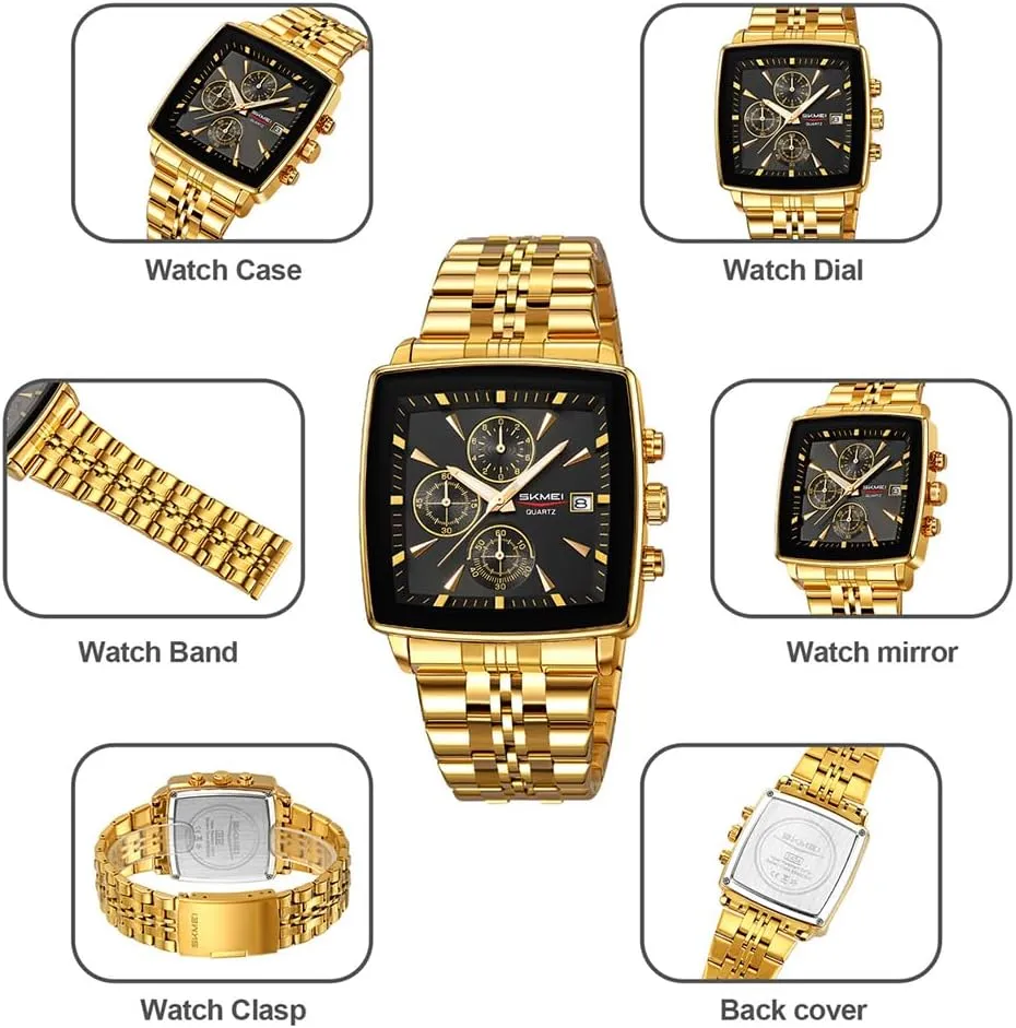 SKMEI Square Watch for Men Business Stainless Dress Fashion Waterproof Luxury Analog Simple Large Big Face Fathers Dad Gifts Gold Black Wrist Watches