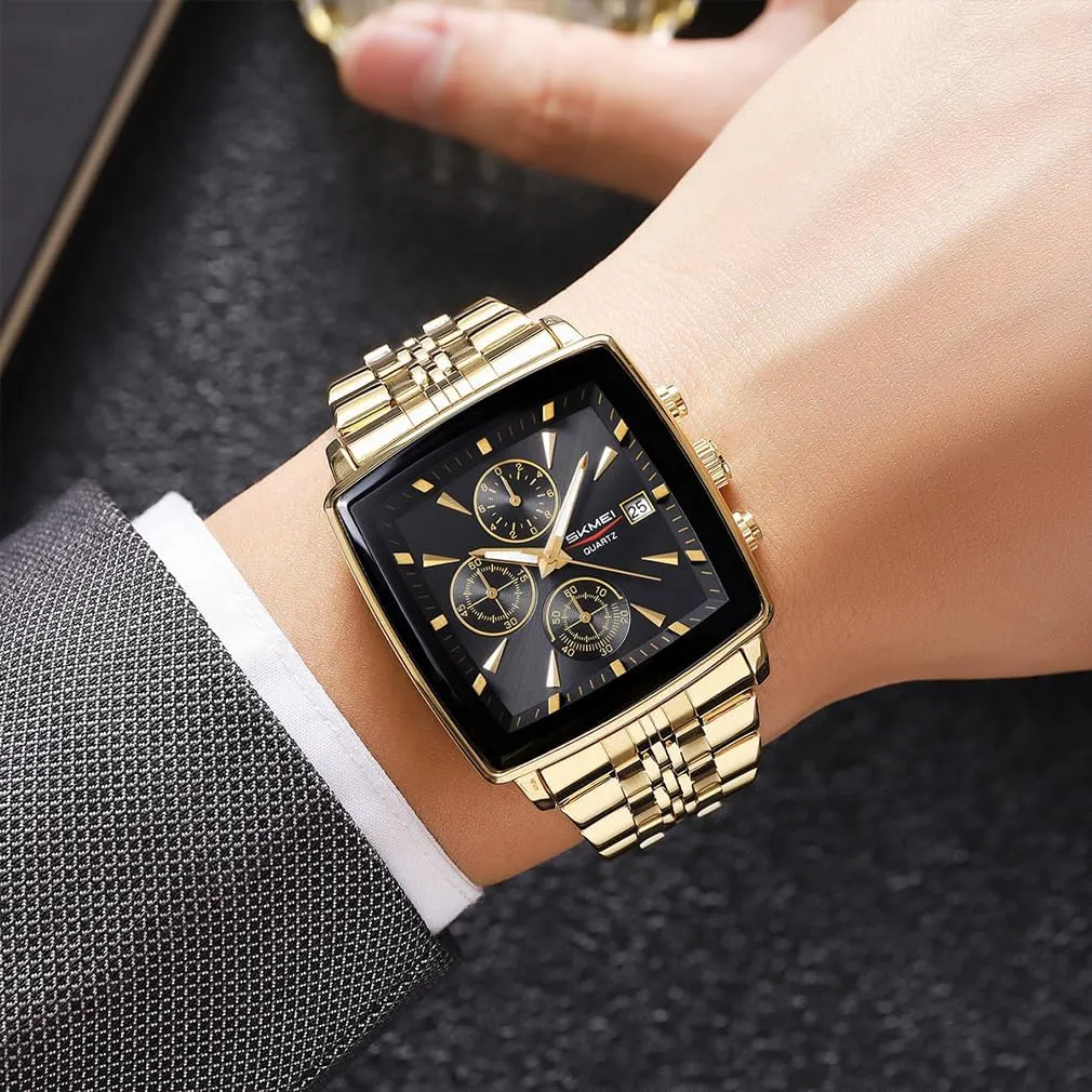 SKMEI Square Watch for Men Business Stainless Dress Fashion Waterproof Luxury Analog Simple Large Big Face Fathers Dad Gifts Gold Black Wrist Watches
