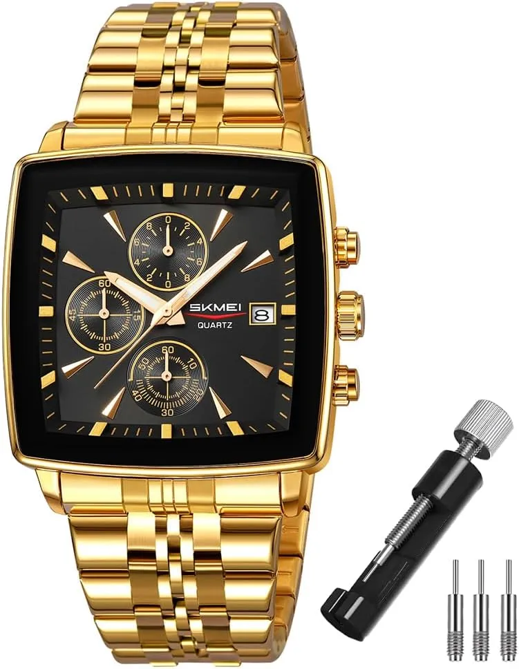 SKMEI Square Watch for Men Business Stainless Dress Fashion Waterproof Luxury Analog Simple Large Big Face Fathers Dad Gifts Gold Black Wrist Watches