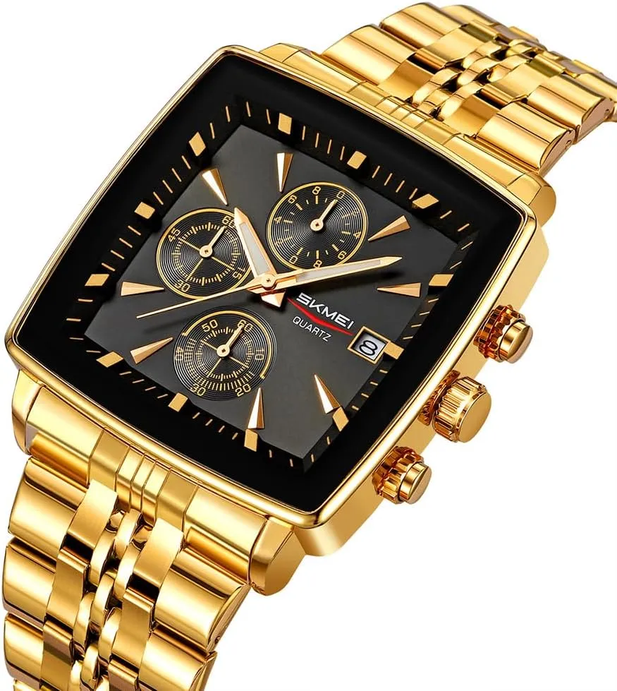 SKMEI Square Watch for Men Business Stainless Dress Fashion Waterproof Luxury Analog Simple Large Big Face Fathers Dad Gifts Gold Black Wrist Watches