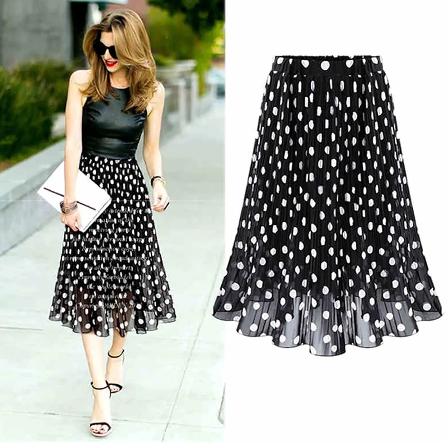 skorts skirts Fashion Casual Polka Dot Pleated High Waist Midi Skirt Flared Skater Swing Holiday skirts for women trendy
