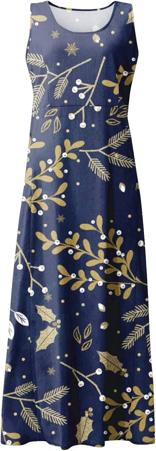 Sleeveless Dresses for Womens 2024 Beach Cotton Linen Floral Printed Dresses with Pockets Casual Flowy Long Dress