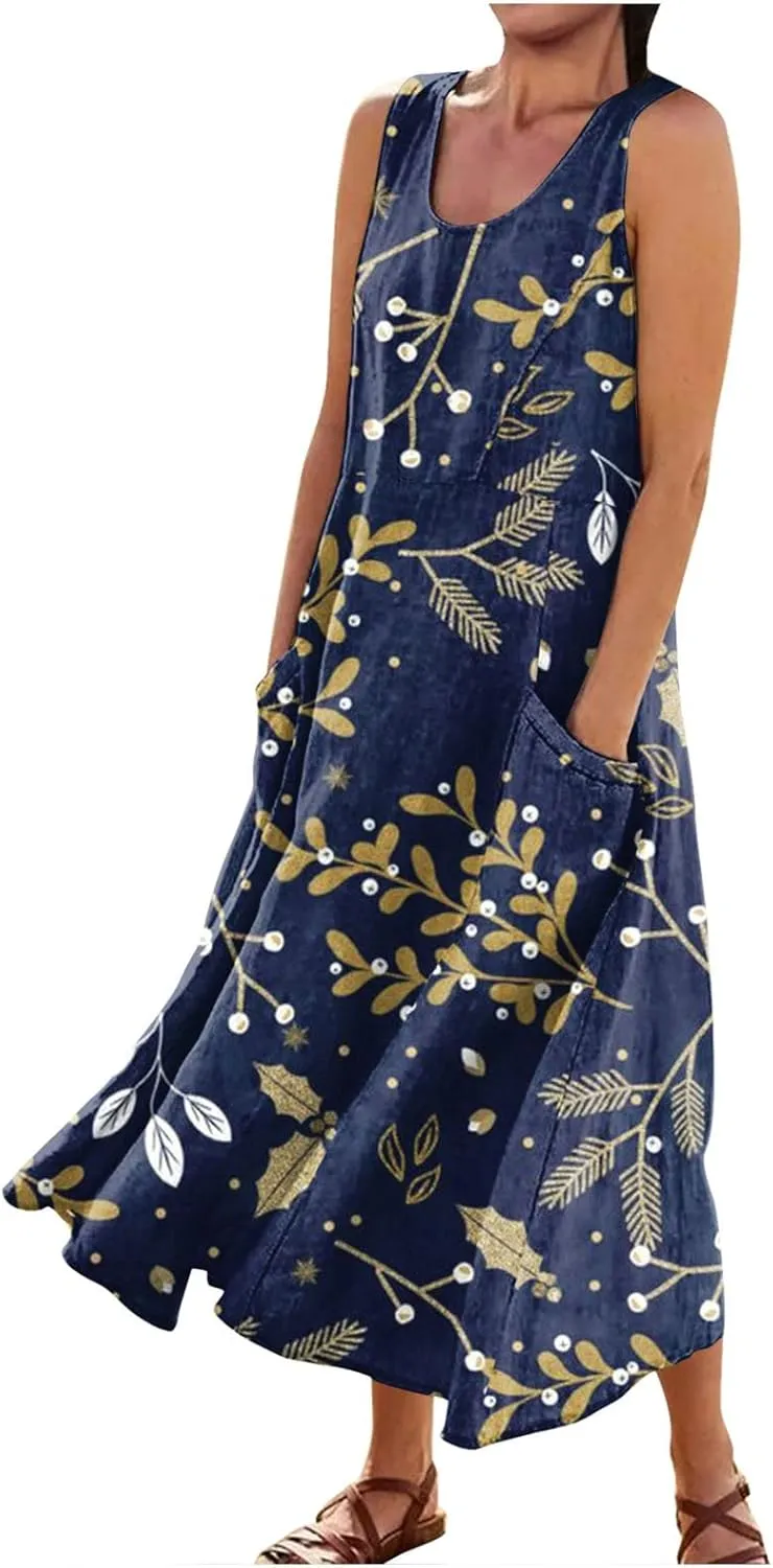 Sleeveless Dresses for Womens 2024 Beach Cotton Linen Floral Printed Dresses with Pockets Casual Flowy Long Dress