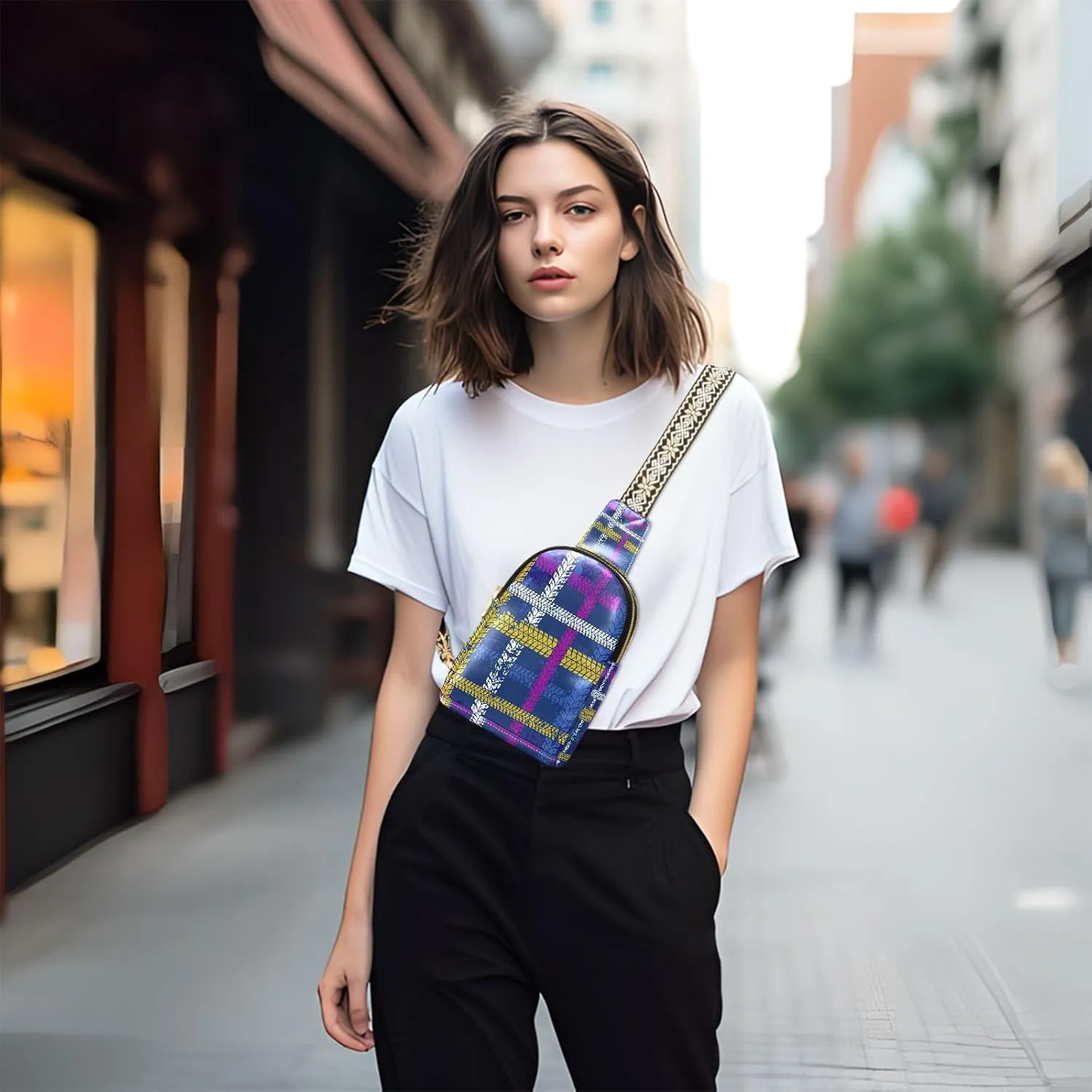Small Sling Bag for Women Crossbody Race Plaid Tire Tracks Trendy Crossbody Bag Fanny Pack with Guitar Strap Leather Chest Bag for Women Fanny Pack Travel Outdoor Outfit