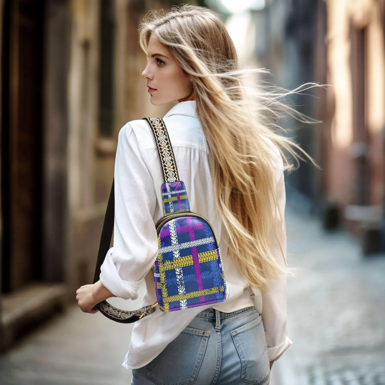 Small Sling Bag for Women Crossbody Race Plaid Tire Tracks Trendy Crossbody Bag Fanny Pack with Guitar Strap Leather Chest Bag for Women Fanny Pack Travel Outdoor Outfit