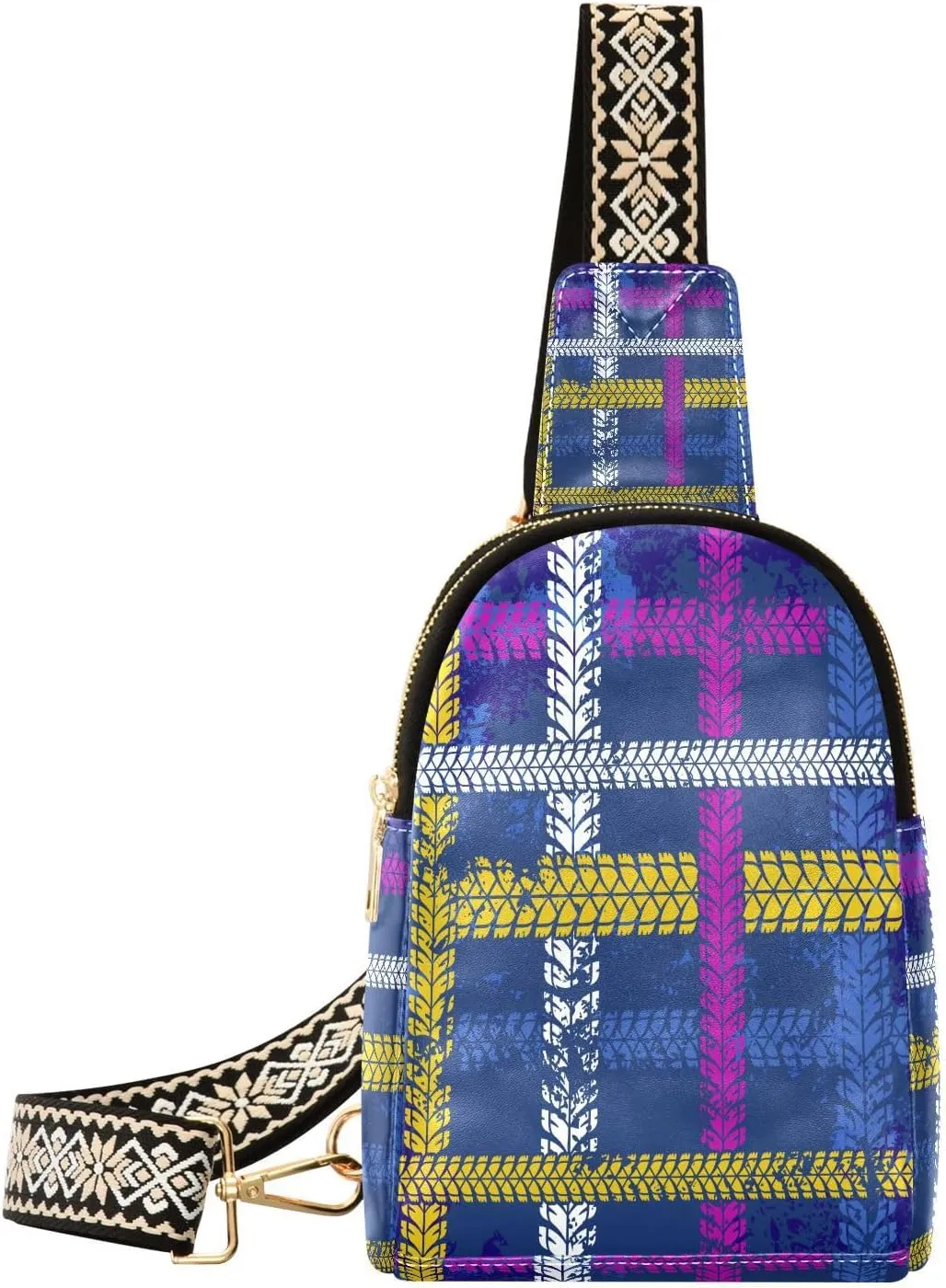 Small Sling Bag for Women Crossbody Race Plaid Tire Tracks Trendy Crossbody Bag Fanny Pack with Guitar Strap Leather Chest Bag for Women Fanny Pack Travel Outdoor Outfit