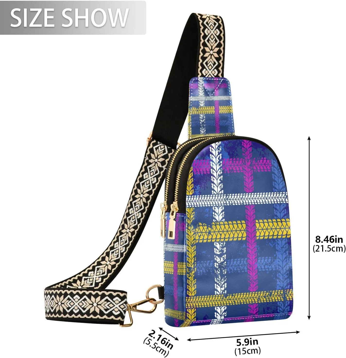 Small Sling Bag for Women Crossbody Race Plaid Tire Tracks Trendy Crossbody Bag Fanny Pack with Guitar Strap Leather Chest Bag for Women Fanny Pack Travel Outdoor Outfit