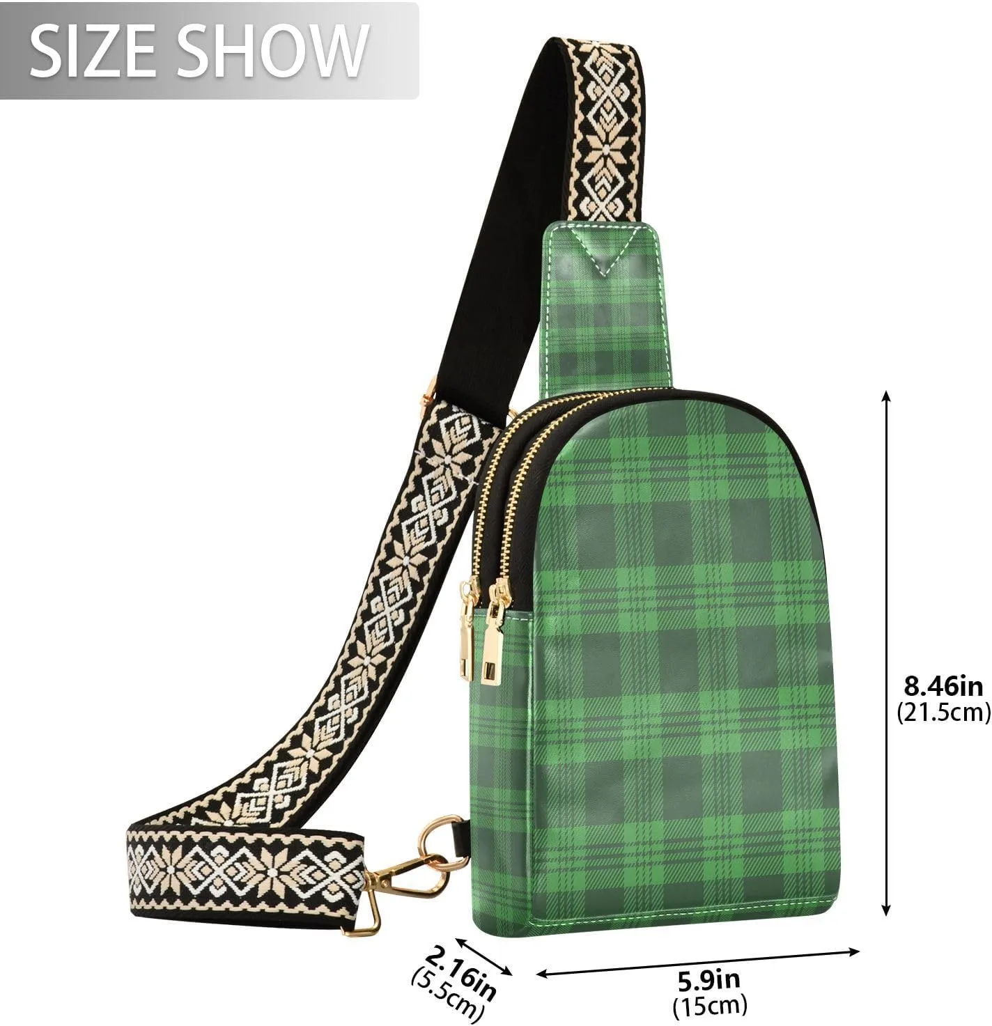 Small Sling Bag for Women Crossbody St Patrick's Day Plaid Trendy Crossbody Bag Fashion Waist Packs Green Buffalo Plaid Leather Chest Bag Fanny Pack with Guitar Strap Travel Outdoor Outfit