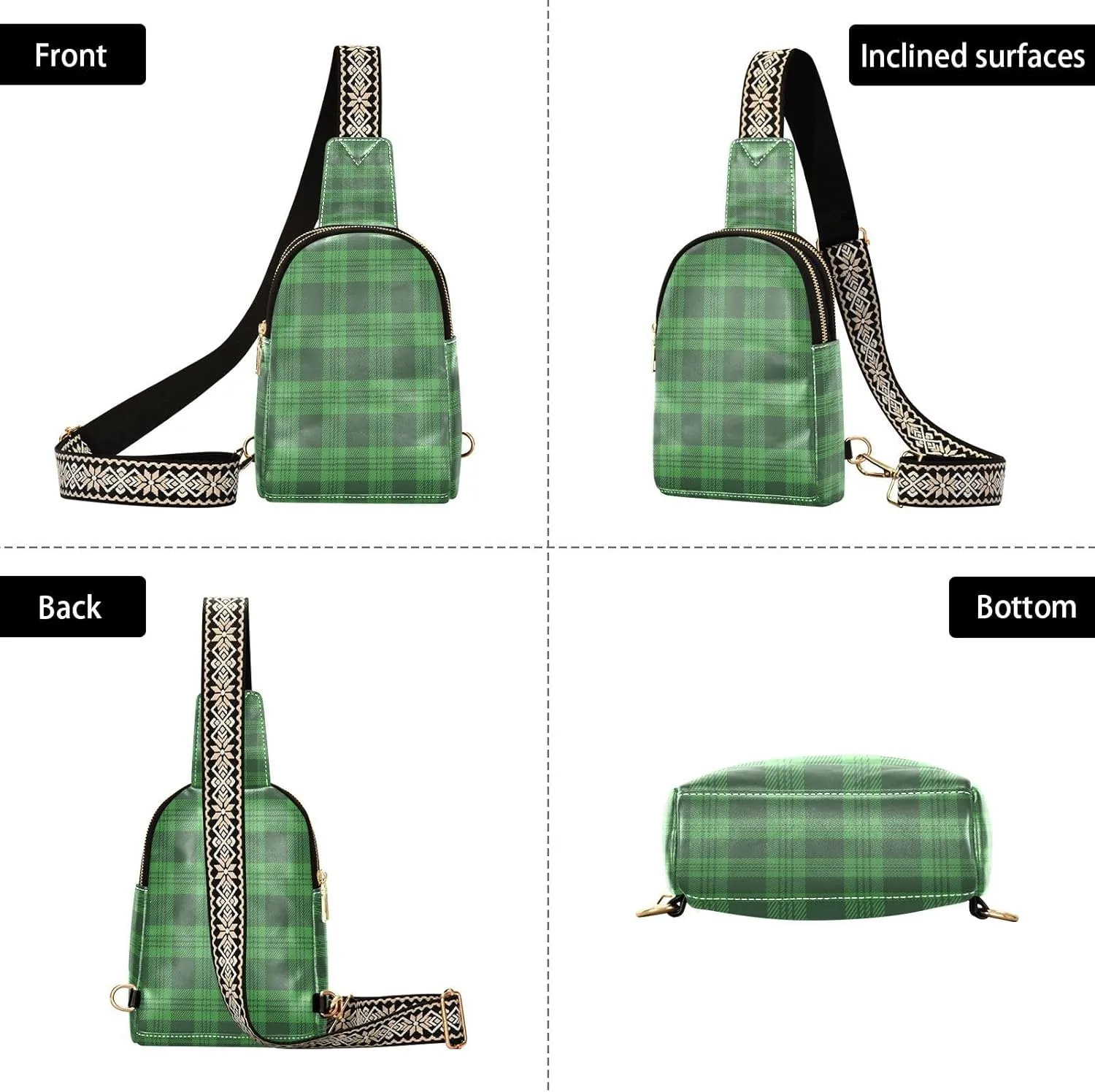 Small Sling Bag for Women Crossbody St Patrick's Day Plaid Trendy Crossbody Bag Fashion Waist Packs Green Buffalo Plaid Leather Chest Bag Fanny Pack with Guitar Strap Travel Outdoor Outfit