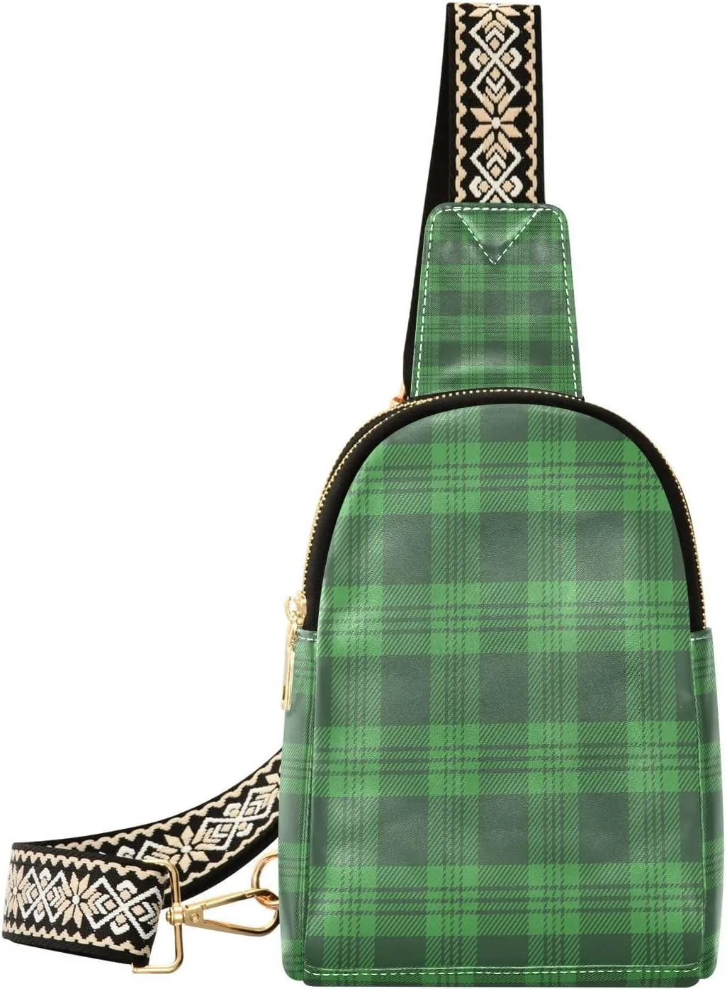 Small Sling Bag for Women Crossbody St Patrick's Day Plaid Trendy Crossbody Bag Fashion Waist Packs Green Buffalo Plaid Leather Chest Bag Fanny Pack with Guitar Strap Travel Outdoor Outfit