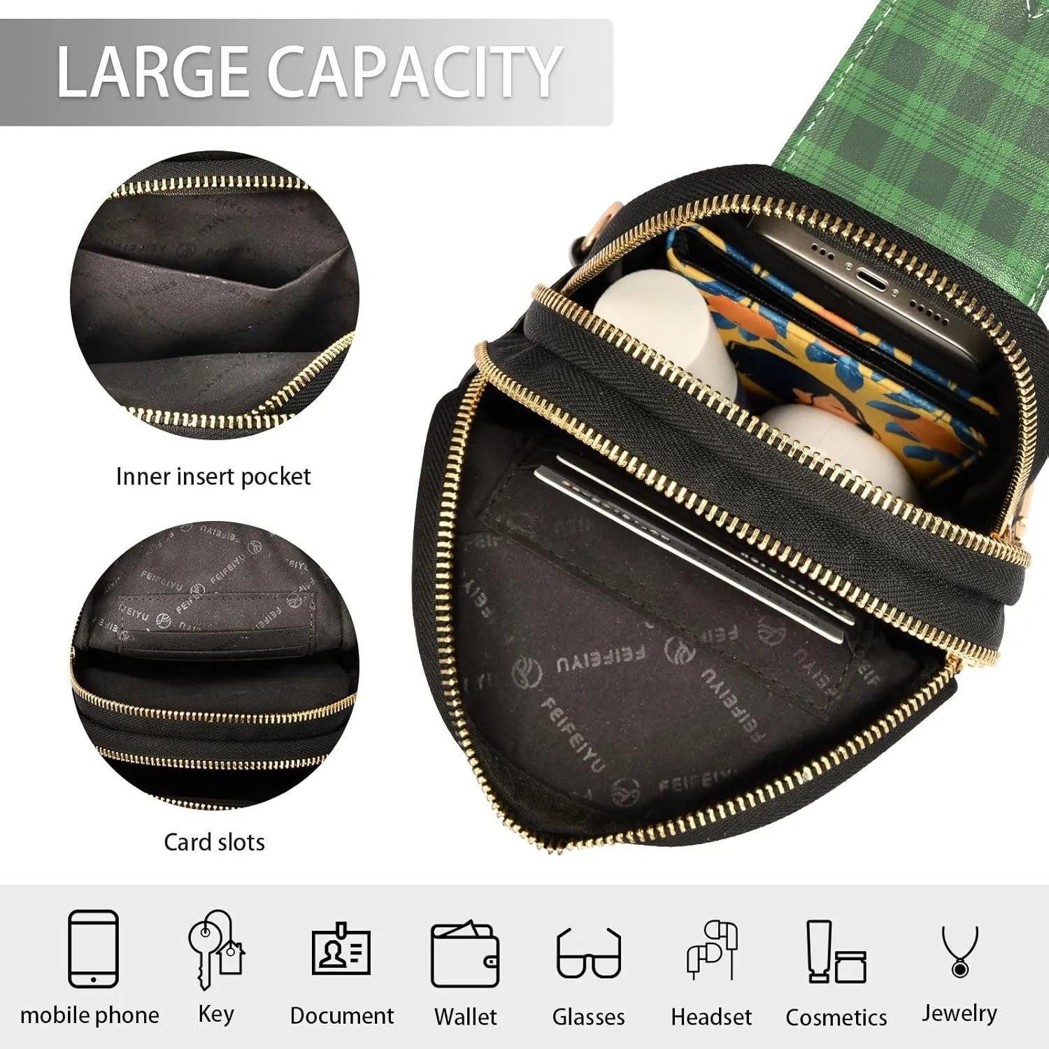 Small Sling Bag for Women Crossbody St Patrick's Day Plaid Trendy Crossbody Bag Fashion Waist Packs Green Buffalo Plaid Leather Chest Bag Fanny Pack with Guitar Strap Travel Outdoor Outfit
