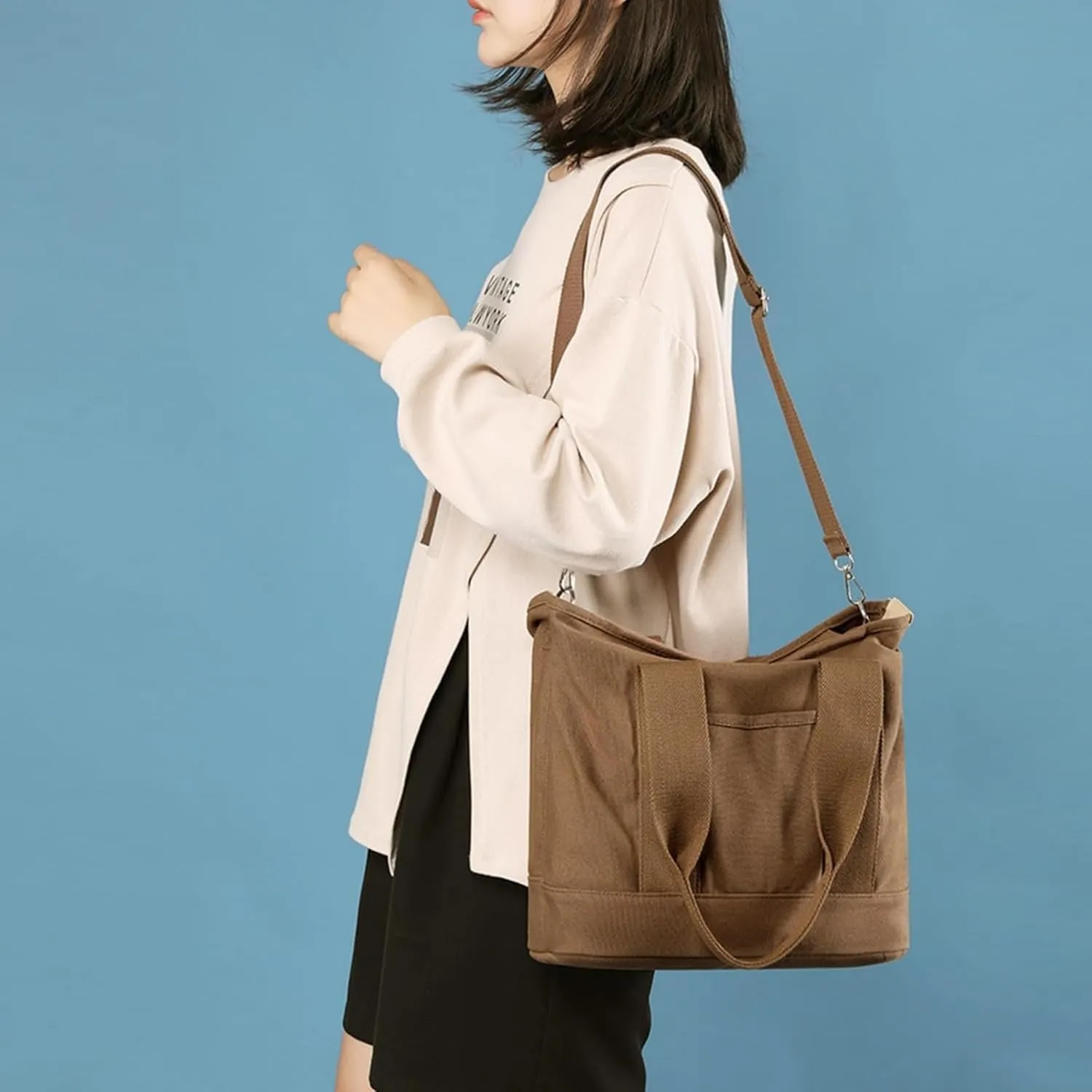 Small Tote Bag with Zipper Canvas Tote Bags Crossbody Bag with Compartments Shoulder Bag Satchel Hobo Bag Messenger Bag