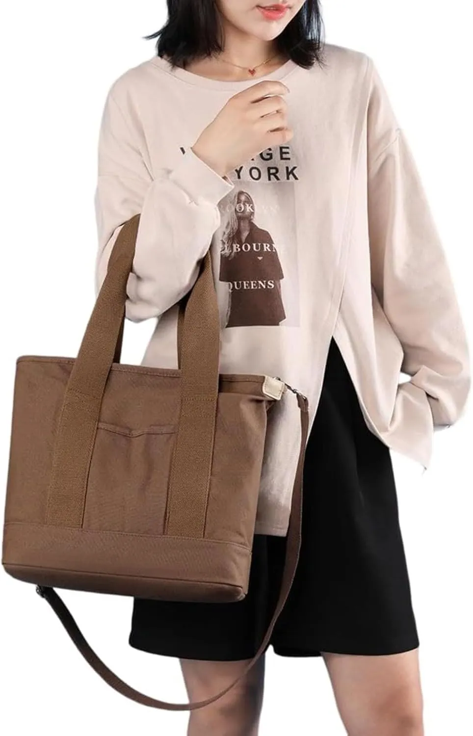 Small Tote Bag with Zipper Canvas Tote Bags Crossbody Bag with Compartments Shoulder Bag Satchel Hobo Bag Messenger Bag