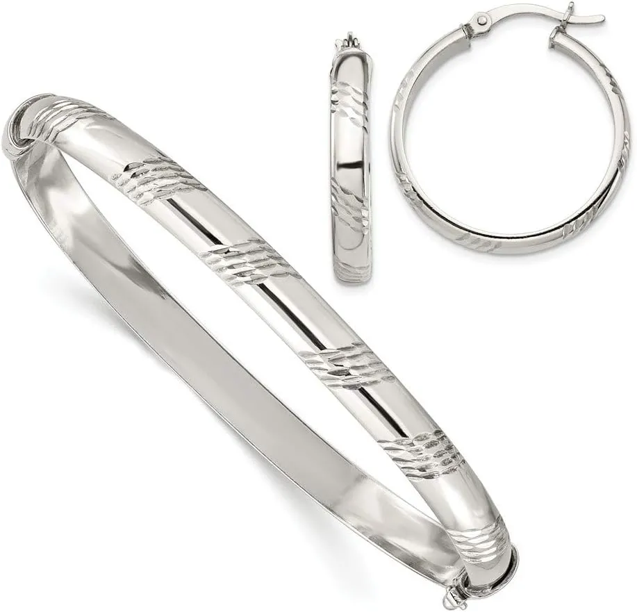 Solid 925 Sterling Silver Diamond-Cut Bangle Cuff Bracelet 6mm and Hoop 4mm Earring Set