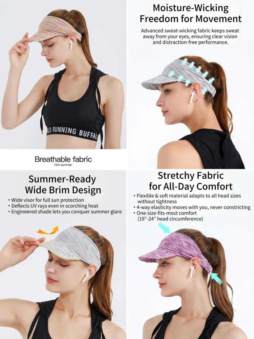 Sports Headband Sun Visor Hats for Women, UV Protection Sun Hats, Packable Ponytail Beach Summer Hat for Sports Golf
