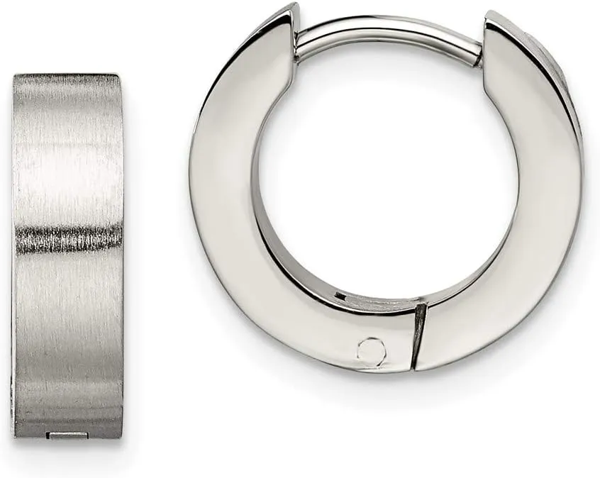 Stainless Steel Brushed & Polished Round Hinged Hoop Earrings (4mm x 10mm)