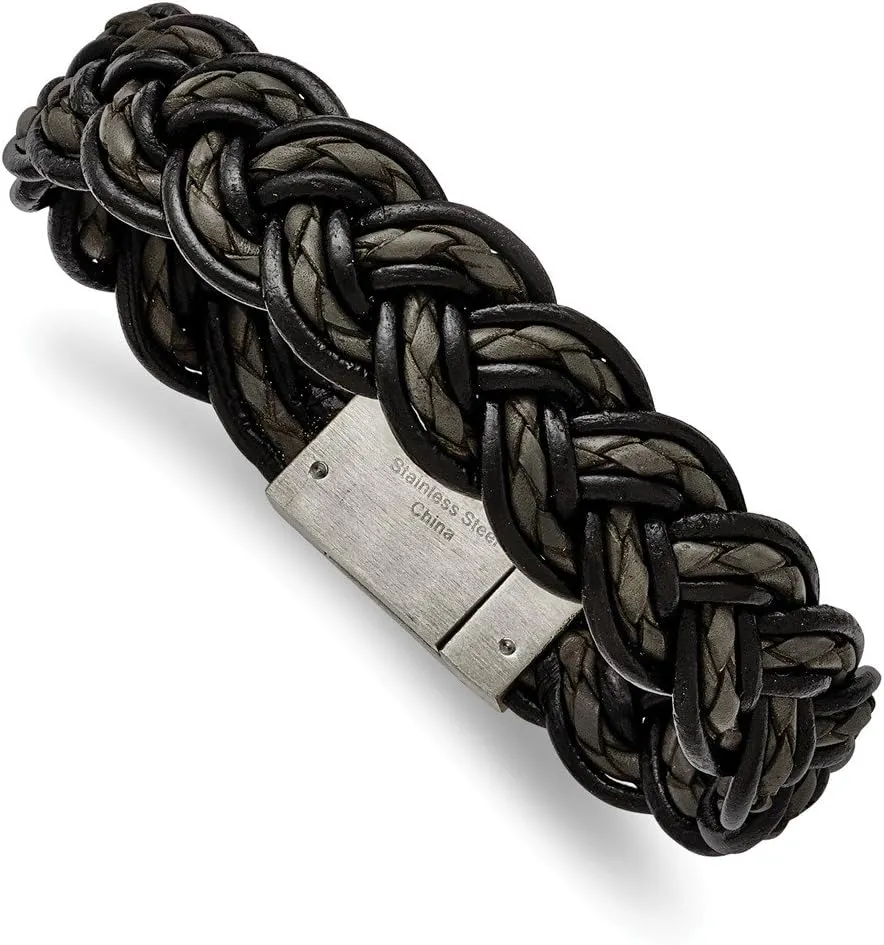 Stainless Steel Brushed Black and Grey Woven Leather Bracelet (17mm)