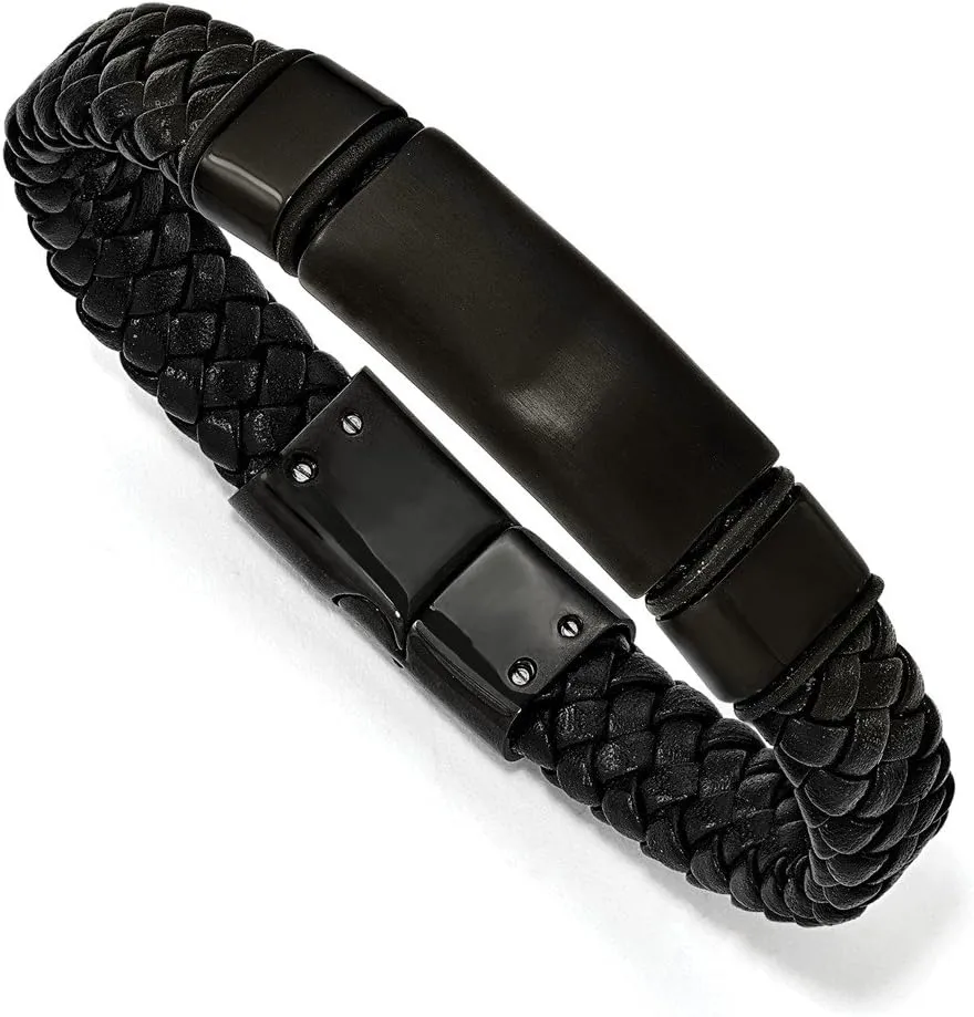 Stainless Steel Brushed Black IP-Plated Braided Leather Bracelet