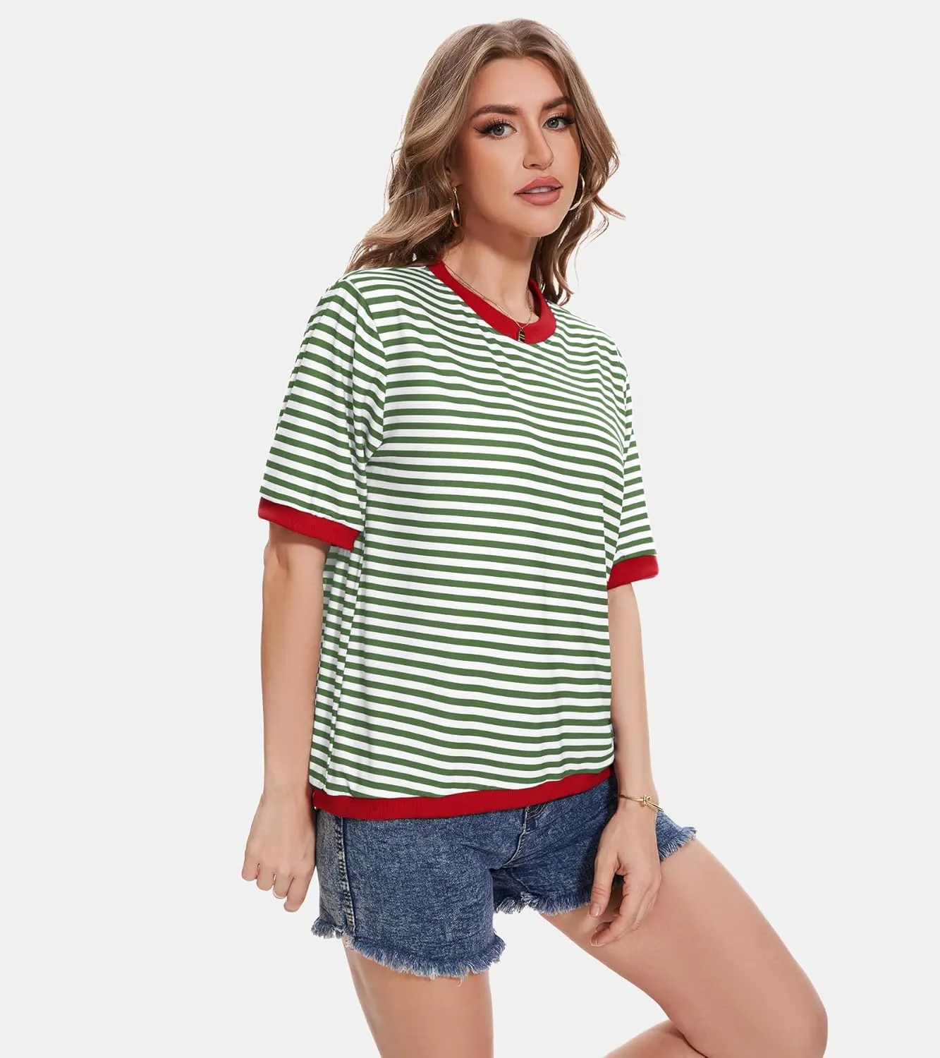 Striped T Shirts for Women Casual Crewneck Short Sleeve Color Block Loose fit Tee Shirts Basic Tops Summer Spring