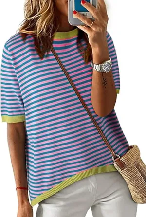 Striped T Shirts for Women Casual Crewneck Short Sleeve Color Block Loose fit Tee Shirts Basic Tops Summer Spring